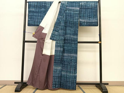 平和屋着物●上質な紬　藍　総絞り　正絹　逸品　BAAT0980yc
