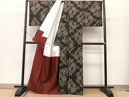 平和屋着物●本場大島紬　割り込み絣　更紗花文　正絹　逸品　BAAT0997yc