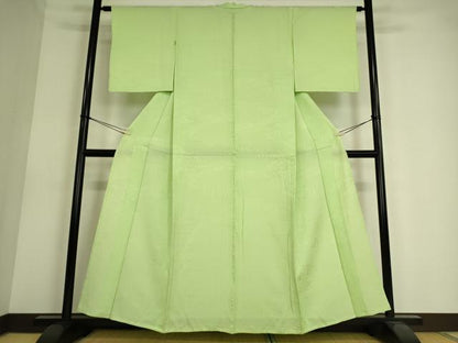 平和屋着物▽上質な色無地　単衣　流水吉祥花地紋　若葉色　正絹　逸品　DAAS0570az