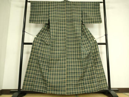 平和屋着物▽上質な紬　単衣　格子　正絹　逸品　DAAS0593az