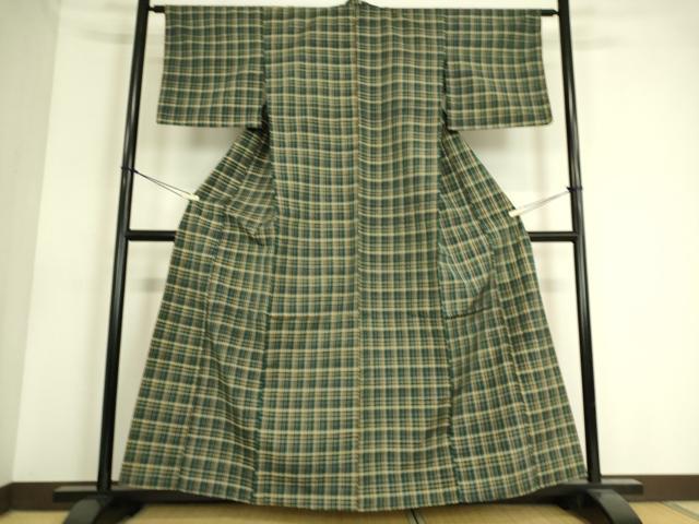 平和屋着物▽上質な紬　単衣　格子　正絹　逸品　DAAS0593az