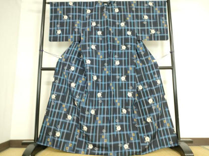 平和屋着物▽上質な紬 単衣 格子に舞花 正絹 逸品 DAAS0548az
