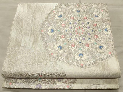平和屋着物◎六通柄袋帯 正倉院花文 銀糸 正絹 逸品 CAAT0309ft
