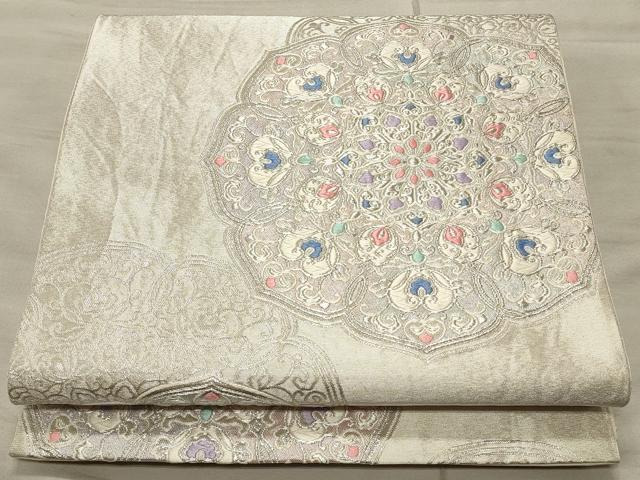 平和屋着物◎六通柄袋帯 正倉院花文 銀糸 正絹 逸品 CAAT0309ft