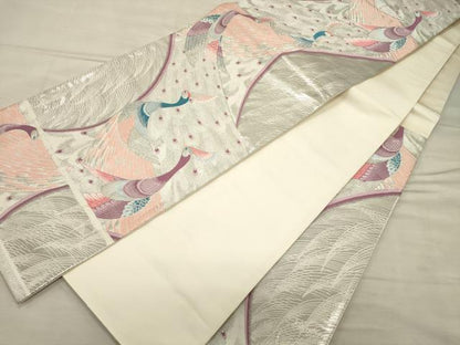 平和屋着物◎六通柄袋帯 孔雀文 九百錦 プラチナ箔 正絹 逸品 CAAT0302ft
