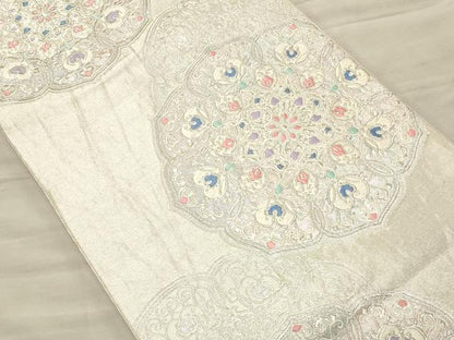 平和屋着物◎六通柄袋帯 正倉院花文 銀糸 正絹 逸品 CAAT0309ft