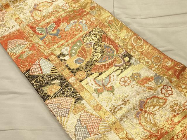平和屋着物◎佐賀錦 六通柄袋帯 花蝶文 金糸 正絹 逸品