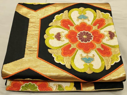平和屋着物◎六通柄袋帯 唐織 正倉院花文 黒地 金糸 正絹 逸品 CAAT0373ft