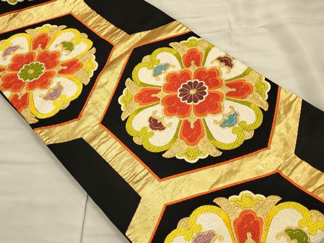 平和屋着物◎六通柄袋帯 唐織 正倉院花文 黒地 金糸 正絹 逸品 CAAT0373ft