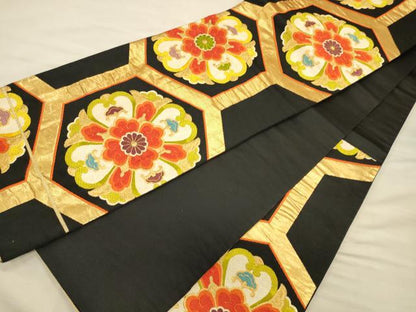 平和屋着物◎六通柄袋帯 唐織 正倉院花文 黒地 金糸 正絹 逸品 CAAT0373ft
