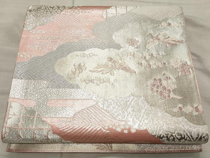 平和屋着物◎六通柄袋帯　雲取り花鳥文　銀糸　正絹　逸品　CAAT0374ft