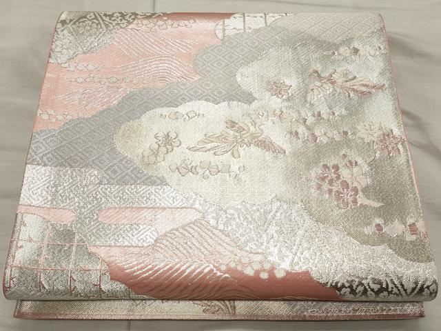 平和屋着物◎六通柄袋帯　雲取り花鳥文　銀糸　正絹　逸品　CAAT0374ft