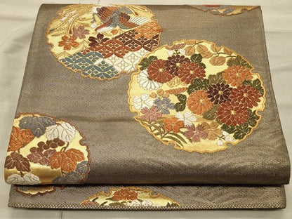 平和屋着物◎六通柄袋帯 唐織 雪輪花鳥文 金糸 正絹 逸品 CAAT0381ft