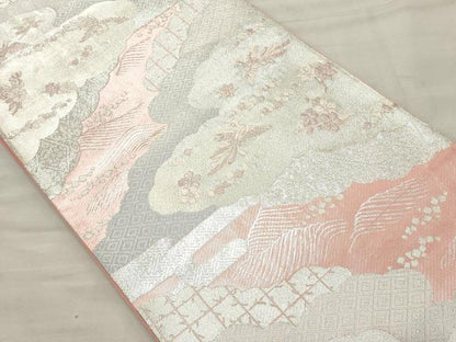 平和屋着物◎六通柄袋帯　雲取り花鳥文　銀糸　正絹　逸品　CAAT0374ft