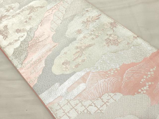 平和屋着物◎六通柄袋帯　雲取り花鳥文　銀糸　正絹　逸品　CAAT0374ft