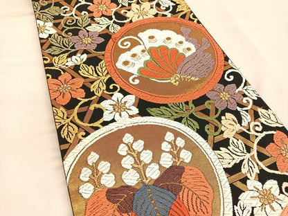 平和屋着物●六通柄袋帯　唐織　花蝶丸文　黒地　金糸　正絹　逸品　BAAT6795hv