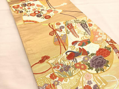 平和屋着物●唐織・西陣の老舗・名門・藤原織物 六通柄袋帯 誰が袖鴛鴦花文 金銀糸 正絹 逸品 BAAT6802hv
