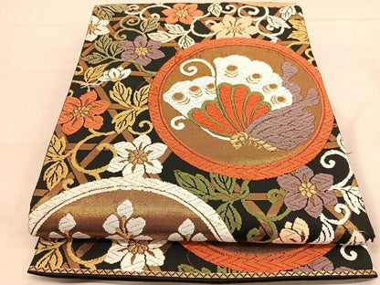平和屋着物●六通柄袋帯　唐織　花蝶丸文　黒地　金糸　正絹　逸品　BAAT6795hv