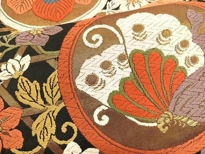 平和屋着物●六通柄袋帯　唐織　花蝶丸文　黒地　金糸　正絹　逸品　BAAT6795hv