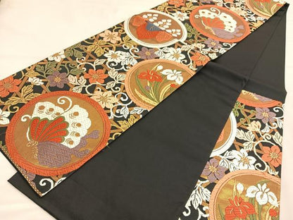 平和屋着物●六通柄袋帯　唐織　花蝶丸文　黒地　金糸　正絹　逸品　BAAT6795hv