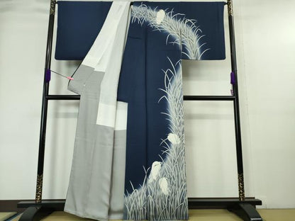 平和屋本店●極上 東京友禅 菅有鬼一 訪問着 手描き 白鷺 紺青色地 暈し染め 逸品 DZAA6178kh5