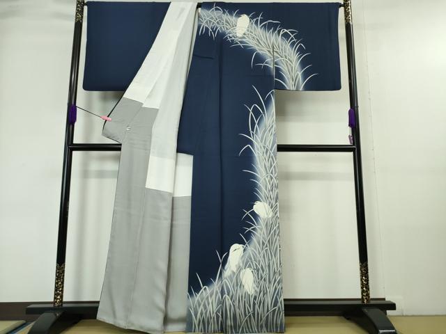 平和屋本店●極上 東京友禅 菅有鬼一 訪問着 手描き 白鷺 紺青色地 暈し染め 逸品 DZAA6178kh5