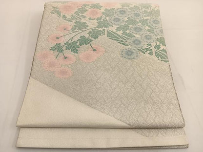 平和屋着物◎太鼓柄袋帯 綴れ 草花文 銀糸 正絹 逸品 BAAT3495ui