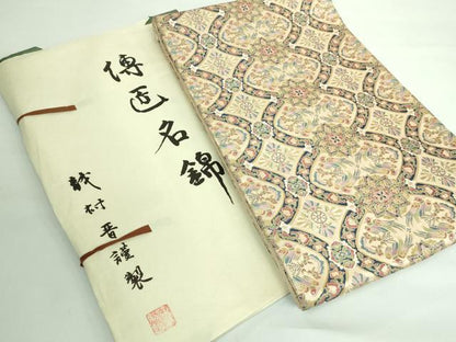 平和屋本店■極上　龍村晋謹製　傳匠名錦　鸚哥花唐草文錦　全通柄袋帯　金糸　たとう紙付き　逸品　DZAA6304kh5