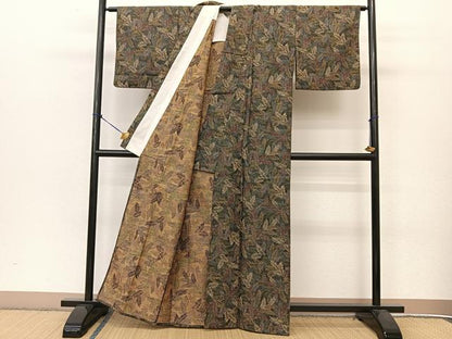 平和屋着物▽お召 単衣 草葉文 黒地 BAAT9018yc