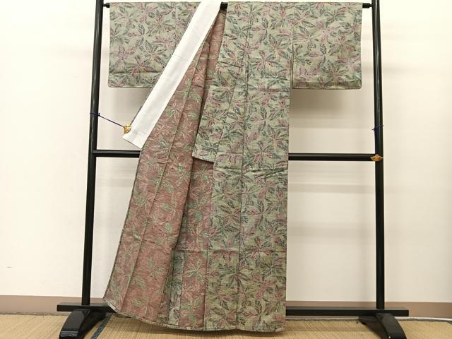 平和屋着物▽お召 単衣 草葉尽くし 未使用 BAAT9019yc