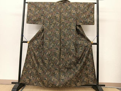 平和屋着物▽お召 単衣 草葉文 黒地 BAAT9018yc