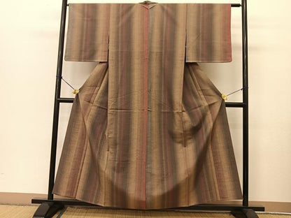 平和屋着物▽珈琲染紬 単衣 間道 反端付き 正絹 逸品 BAAT9029yc