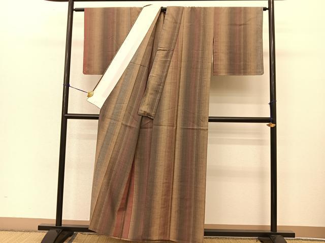 平和屋着物▽珈琲染紬 単衣 間道 反端付き 正絹 逸品 BAAT9029yc