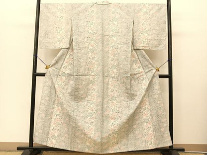 平和屋着物▽上質な紬 単衣 草花間道 正絹 逸品 BAAT9036yc
