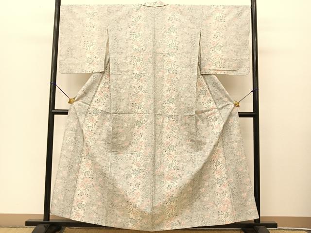 平和屋着物▽上質な紬 単衣 草花間道 正絹 逸品 BAAT9036yc