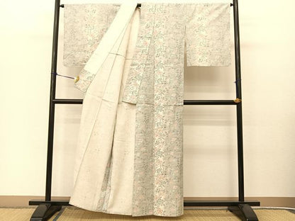 平和屋着物▽上質な紬 単衣 草花間道 正絹 逸品 BAAT9036yc