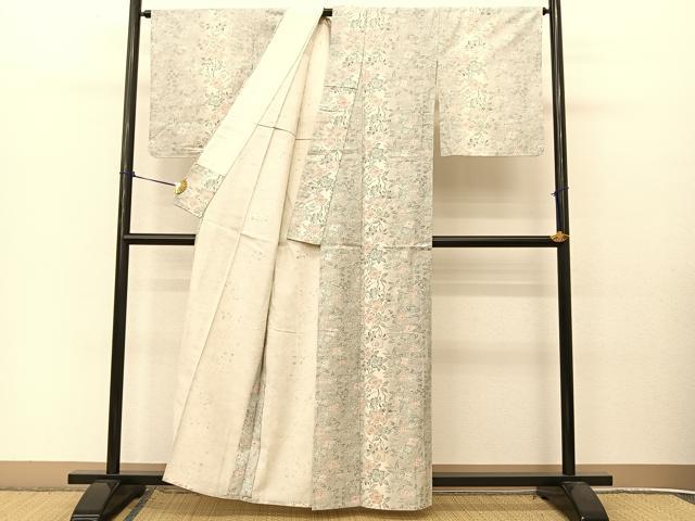 平和屋着物▽上質な紬 単衣 草花間道 正絹 逸品 BAAT9036yc