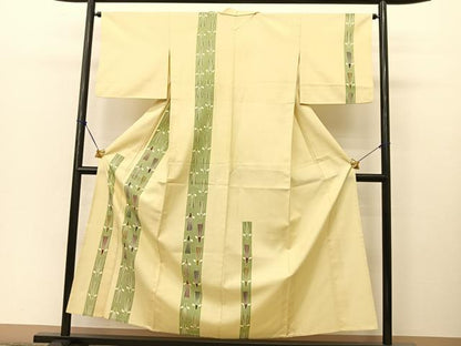 平和屋着物▽訪問着 単衣 作家物 紬地 葉扇文 正絹 逸品 BAAT9039yc