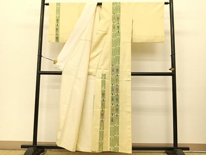 平和屋着物▽訪問着 単衣 作家物 紬地 葉扇文 正絹 逸品 BAAT9039yc