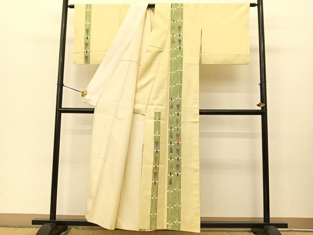 平和屋着物▽訪問着 単衣 作家物 紬地 葉扇文 正絹 逸品 BAAT9039yc