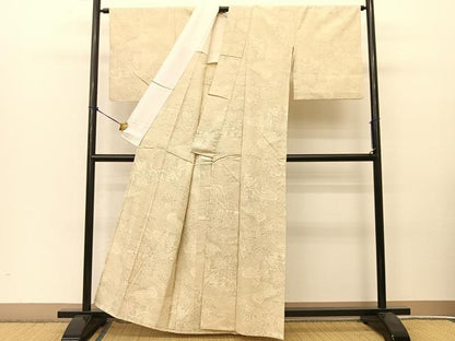 平和屋着物▽上質な紬　単衣　流水風景花文　正絹　逸品　BAAT9052yc