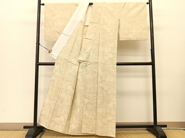 平和屋着物▽上質な紬　単衣　流水風景花文　正絹　逸品　BAAT9052yc
