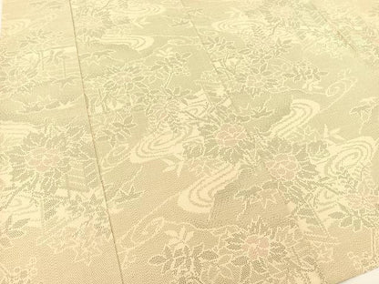 平和屋着物▽上質な紬　単衣　流水風景花文　正絹　逸品　BAAT9052yc