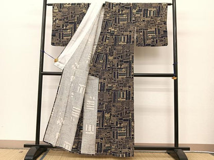 平和屋着物▽上質な紬 単衣 型染め 風景文 正絹 逸品 BAAT9049yc