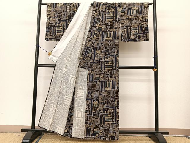 平和屋着物▽上質な紬 単衣 型染め 風景文 正絹 逸品 BAAT9049yc