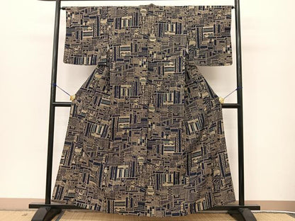 平和屋着物▽上質な紬 単衣 型染め 風景文 正絹 逸品 BAAT9049yc