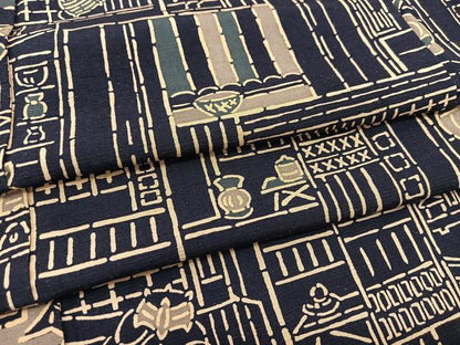 平和屋着物▽上質な紬 単衣 型染め 風景文 正絹 逸品 BAAT9049yc