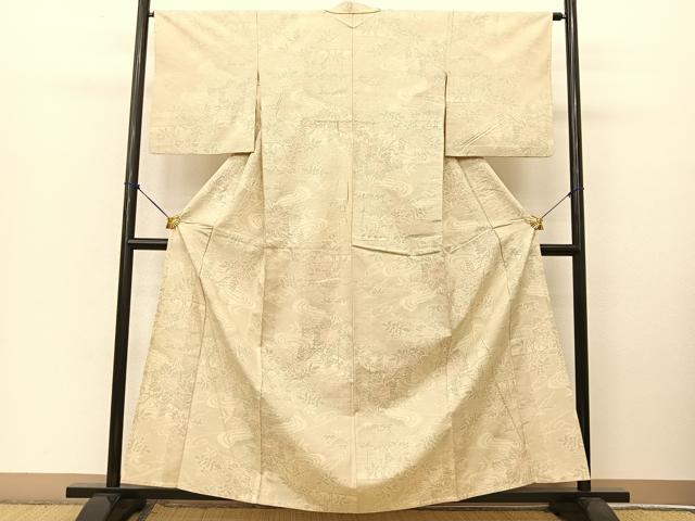 平和屋着物▽上質な紬　単衣　流水風景花文　正絹　逸品　BAAT9052yc