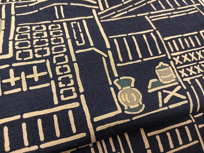 平和屋着物▽上質な紬 単衣 型染め 風景文 正絹 逸品 BAAT9049yc