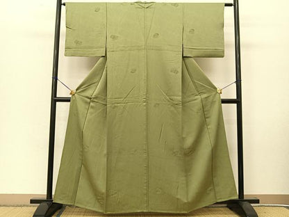 平和屋着物▽上質な小紋　単衣　笹の葉青海波　老竹色　正絹　逸品　BAAT9091yc